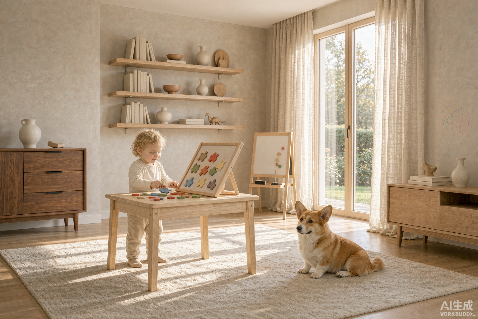 Warm sunlit living room with YUNHE wooden puzzle table, wall shelves and kids easel